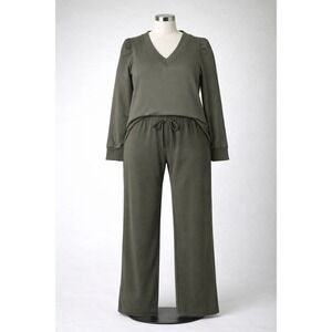 AnyBody Womens Olive Green V-Neck Puff Sleeve Top and Pants Loungewear Set Large